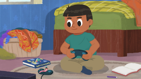 Illustration of a young boy playing a video game.