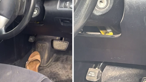 A composite image - the image on the left hand side shows part of a steering wheel, and a sandal on the floor of a car. The second image shows a yellowish snake under the steering wheel