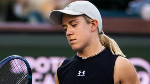 Sonay Kartal reacts during her meeting with Elena Rybakina at Indian Wells