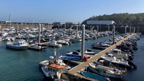 A marina with several pontoons and many boats moored up alongside