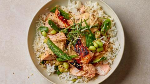 Hot honey salmon and rice bowl