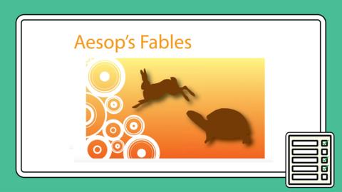 Aesop's fables title with silhouettes of the hare and the tortoise.