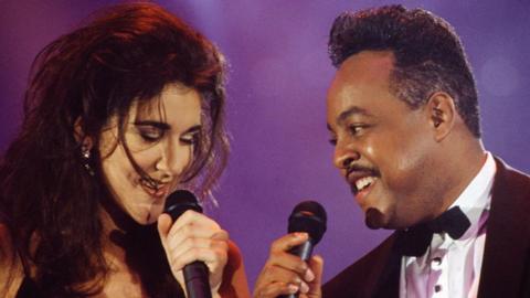 anadian singer Celine Dion and American R&B and soul singer and songwriter Peabo Bryson attend the 1992 Wolrd Music Awards ceremony in Monaco, May 14, 1992.