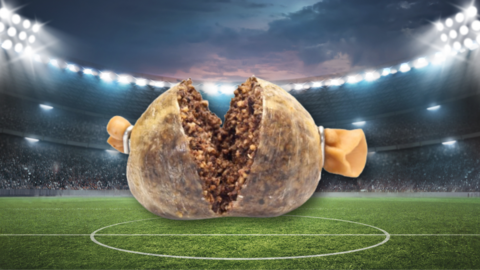 a big haggis on a football pitch.