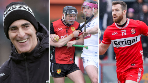 Donegal manager Jim McGuinness, Down's Liam Savage with Kildare's Cathal Dowling, Derry's Niall Loughlin 