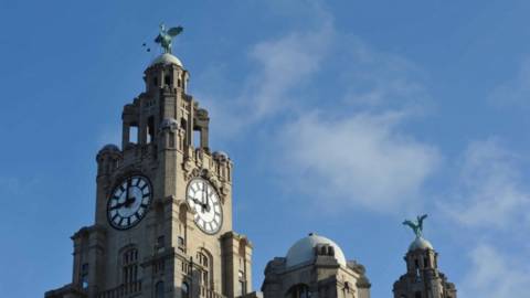 Liverpool's liver building, pictured against a blue sky