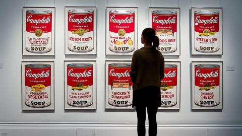 Gallery assistant stands in front of Andy Warhol's iconic Campbell's Soup Can paintings.