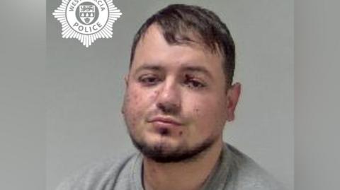 A mugshot of a man with brown hair in a grey t-shirt. He also has a brown beard.
