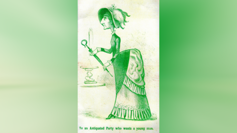 A card with a woman with an exaggerated backside, who appears to be elderly, with a caption that says: "To an antiquated party who wants a young man." 
