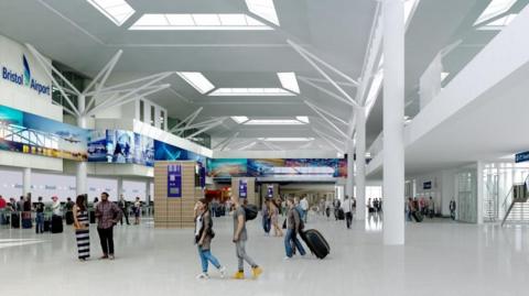 A digital image showing plans for the new check in hall at Bristol Airport.