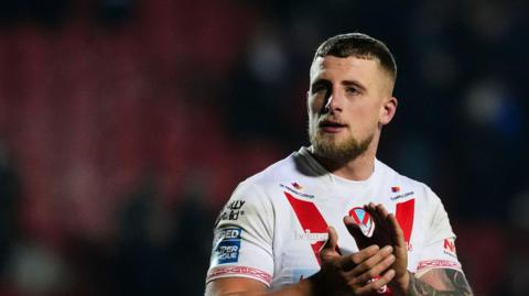 St Helens' Jake Wingfield applauds after their win against Salford Red Devils this season