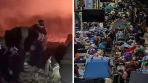 On the left, an image of a firefighters searching through rubble. On the right, a crowd of people seek shelter in a Kyiv subway station/