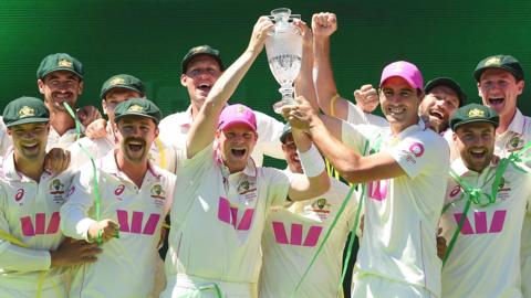 Steve Smith and Pat Cummins of Australia hold up The Ashes trophy after the Fifth Test in the 2025/26 Ashes Series between Australia and England at Sydney Cricket Ground