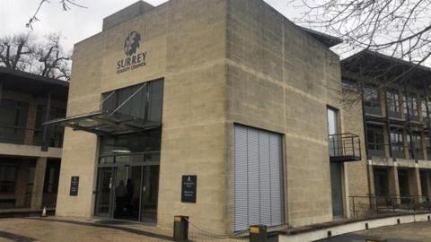 The front entrance to the headquarters of Surrey County Council, based at Woodhatch Place in Reigate. 