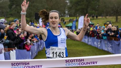 Laura Muir reaches the finish line in Falkirk