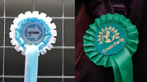 Reform UK and Green Party rosettes