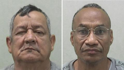 Mugshots of the two men. Guzman is clean shaven with a fat gave and short dark and silver hair, his right eye is closed. Cortes has very short black and silver hair, has very faint stubble on his chin and is wearing thin-framed round glasses.