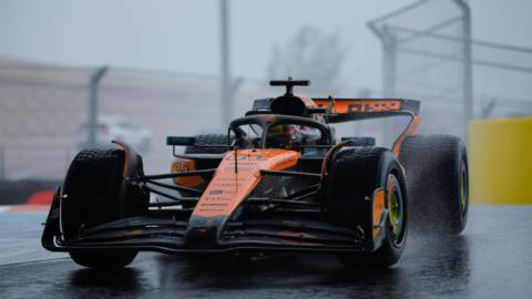 Oscar Piastri in the rain during the 2025 Miami sprint race