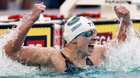 Katie Ledecky celebrates breaking the women's 800m freestyle world record in May 2025