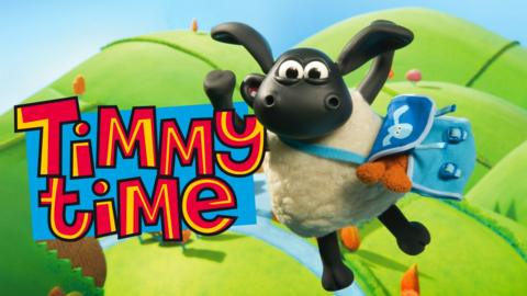 Timmy Time logo with a young sheep leaping in the air, wearing a cross body bag.
