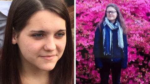 The image is split into two, the left side shows a young woman, Laura with brown hair and a nose stud. The right side shows a young woman named Cariss standing wearing a blue jacket and a scarf around her in front of a bush with pink flowers