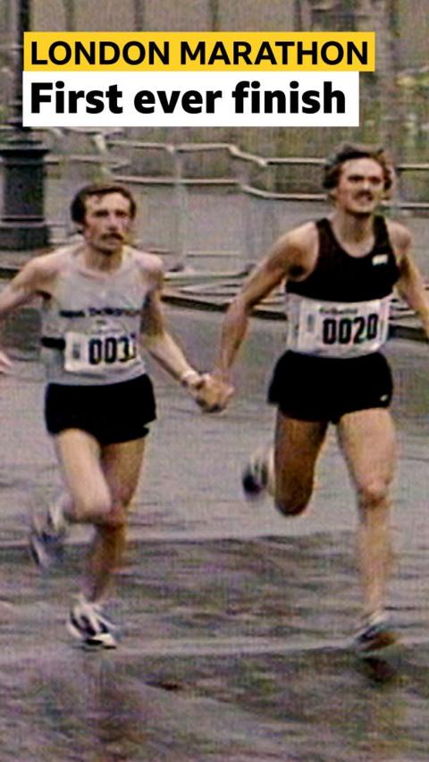 American Dick Beardsley and Norwegian Inge Simonsen cross the finish line together at 1981 London Marathon