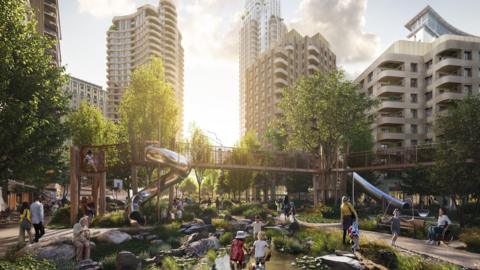 A digital mock up of the view across the estate, showing a green space with children's park and high rise buildings in the distance 