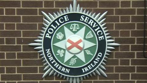 A crest from the Police Service of Northern Ireland. It is round with a green centre with a number of symbols on it and the words Police Service of Northern Ireland in white writing on a black border.