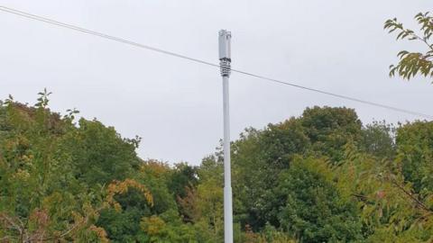 A white 5G mast in front of a row of trees.