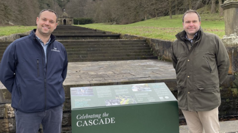 Rob Harrison Head of Operations at Chatsworth (left) with Head Gardener Steve Porter next to the Cascade that has been leaking for years