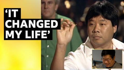 Comp image of Paul Lim in 1990 holding a dart with a cut out of Paul Lim in 2025 and headline text added.