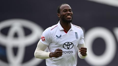 England fast bowler Jofra Archer celebrates taking a wicket