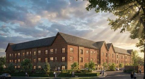 An artist impression of the new 75-apartment care home shows a large apartment complex, with trees and shrubbery on the outside. There are people walking past going to/from the building. 

