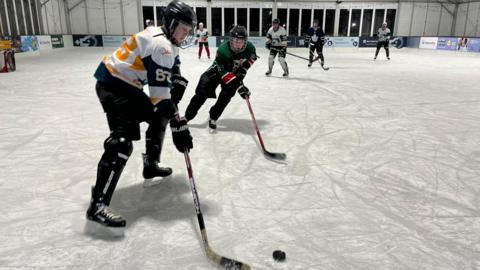 Two ice hockey players vying for the puck in the rink. There are several players in the background. 