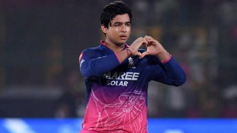 Rajasthan Royals' Vaibhav Sooryavanshi celebrates after reaching his century