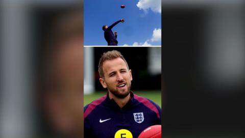 Splitscreen image of Harry Kane from 2004, he wears a Three Lions training kit and holds/throws a grid iron ball.