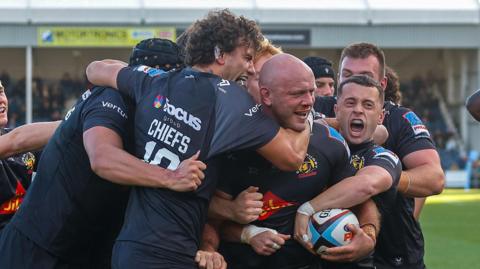 Exeter celebrate Jack Yeandle's try