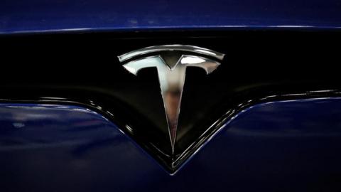 The logo of Elon Musk's electric vehicle-maker Tesla is on display at an auto show.