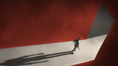 Illustration of a man walking from darkness towards a door, which light is coming through
