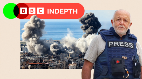 Smoke rises from the site of an Israeli airstrike. The writer, Jeremy Bowen, is in a different image to the side wearing a press vest