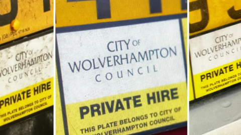 Images of vehicle certification on cars of vehicles licensed in Wolverhampton. The yellow emblems have the council name and state private hire and that the plate belongs to the city council.