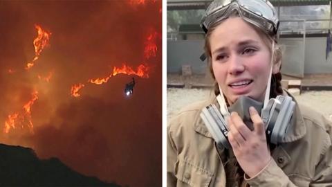 A woman with a mask and safety goggles is in split screen with a helicopter battling a wildfire.