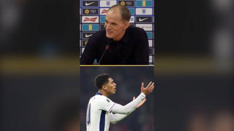 Splitscreen image of Thomas Tuchel and Jude Bellingham