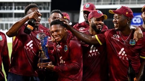 West Indies celebrate winning the one-day series