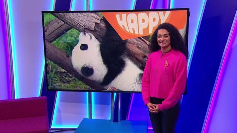 Nina in the studio with a panda in the screen