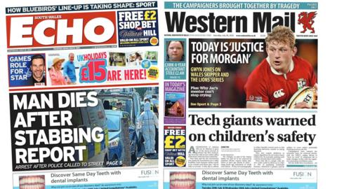 The front pages of the South Wales Echo and the Western Mail