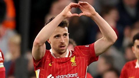 Diogo Jota makes a heart gesture towards Liverpool fans