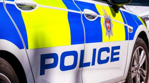 A close-up of a side of a police car with the Surrey Police emblem on it.