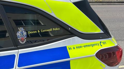 The back of a Devon and Cornwall Police car. It's got the forces's logo on the side window. The car is wrapped in the usual yellow and blue police branding. 