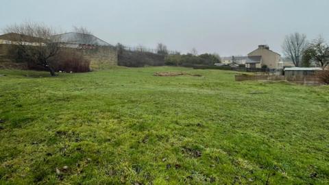A field of grass with a wall around part of it and a fence around another part. There are some trees and shrubs and the back of a few houses on show too. 
